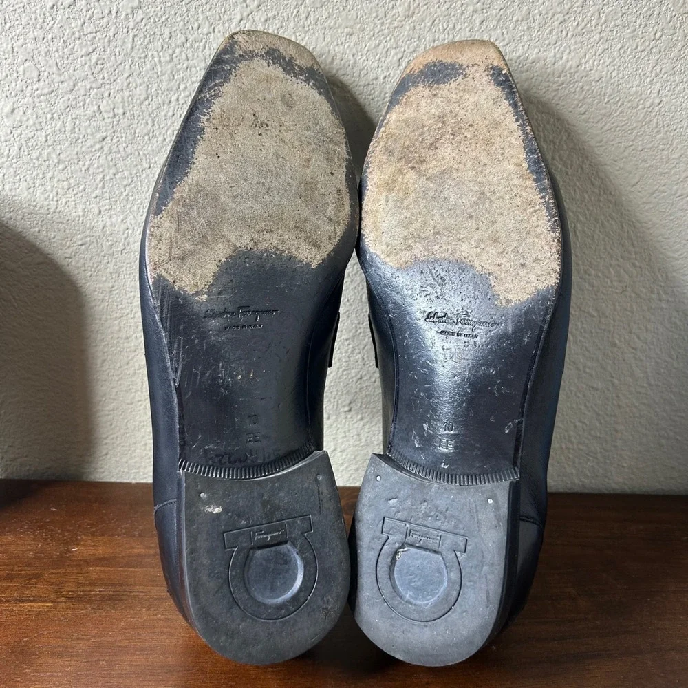 Salvatore Ferragamo Loafers 10 EE Mens Black Leather Gancini Square‎ Toe Italy
